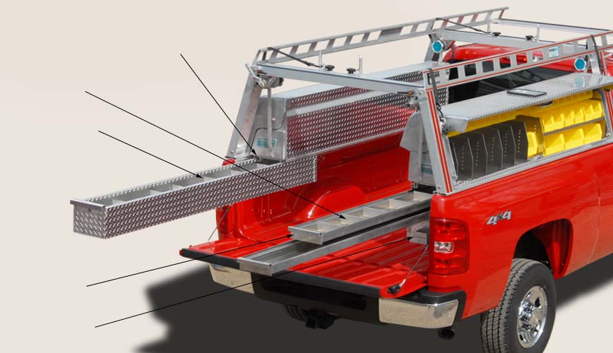 Pick up truck ladder rack w truck tool boxes and drawers - System One  integrated truck equipment: aluminum ladder racks, truck racks, van racks,  truck tool boxes